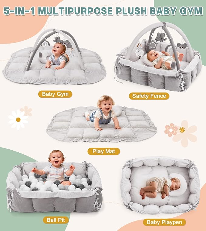 5-in-1 Baby Play Gym and Tummy Time Mat, Tummy Time Pillow & 12 Learning Cards, Plush Activity Mat with 6 Toys, Baby Gym, Convertible to Ball Pit, Baby Gift, Grey
