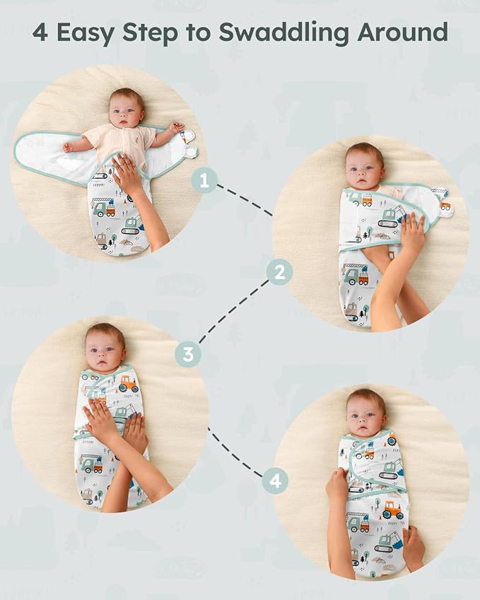 Baby Swaddles for Newborns with Zipper, 100% Cotton Newborn Swaddle Sack, 3 Pack Baby Swaddles 0-3 Months Swaddle Sleep Sack for Newborn Baby Boy Girl Green Excavator