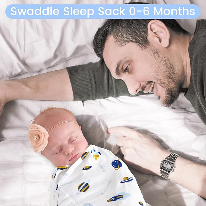 david's kids 100% Cotton 3 Pack Baby Swaddle Wrap for 0-3 Months, Soft Breathable Swaddle Blanket for Newborn Infant, Adjustable Baby Wrap Sleep Sacks for Boys Girls, Newborn Essentials, Space