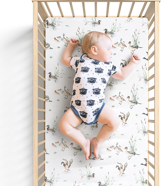 LifeTree Crib Sheets for Baby Unisex - Muslin Fitted Crib Sheets Toddler Bed Sheet, 70% Viscose from Bamboo and 30% Cotton, Fits Mini Crib & Pack and Play Playard, Mallard Duck, 26in x 38in