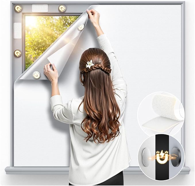 Magnetic Blackout Window Cover 100" x 58" Portable Blackout Curtains for Bedroom, Temporary Black Out Shades Window Privacy Film No Drill Black Out Blinds for Baby Nursery Travel Skylight - White