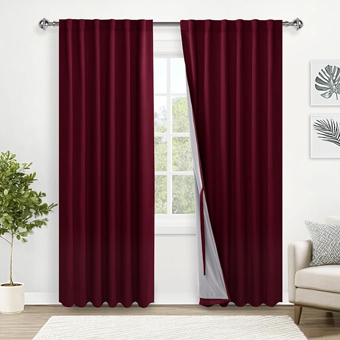 XWZO 100% Blackout Curtains with Tiebacks- 2 Thick Layers Completely Shaded Thermal Insulated Lined Window Drapes for Bedroom/Patio Door, Rod Pocket & Back Tab, Burgundy, W52 x L84, Set of 2 Panels