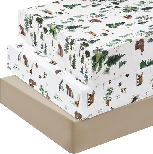 david's kids 3 Pack Fitted Crib Sheets, Ultra Soft Breathable Comfortable Baby Sheet Set for Boys Girls Neutral, 28x52 Inch Fits Standard Crib and Toddler Mattresses, Woodland Animals