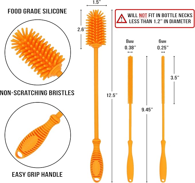 Kitchiny 12.5" Silicone Bottle Brush & Straw Cleaner Brush Set | Water Bottle Cleaner for Hydro Flasks, Tumblers, Glassware, Vases and Narrow Neck Containers