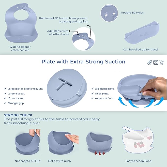 Silicone Baby Feeding Set, 10 Pcs Baby Led Weaning Supplies | BPA-Free Baby Dishes with Toddler Plates and Bowls Set, Silicone Bib, Suction Cup, Baby Spoons & Forks | Empower Independence – Gray