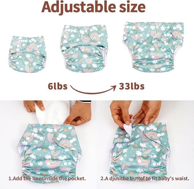 CoolaPeach 12 Set Reusable Adjustable Cloth Diapers for Newborn to 0-3 Years,One Size Washable Pocket Nappy Covers for Baby Girl and Boy,6 Pack Cloth Diapers+6pcs Microfiber Inserts(Green 2)