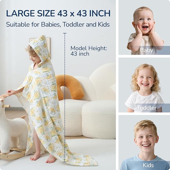 Toddler Hooded Bath Towels,100% Cotton Muslin Baby Towels for Boys Girls,Ultra Soft & Absorbent Quick Dry Kids Towel for Beach,Pool,Bathroom,Large 43x43 Inch