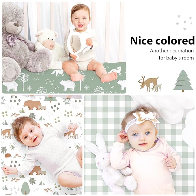 Baby Crib Sheets for Boys and Girls, 3 Pack Fitted Crib Sheets Neutral for 52”x28” Standard Crib and Toddler Mattresses, Ultra Soft & Silky Smooth Microfiber Green Forest Bear