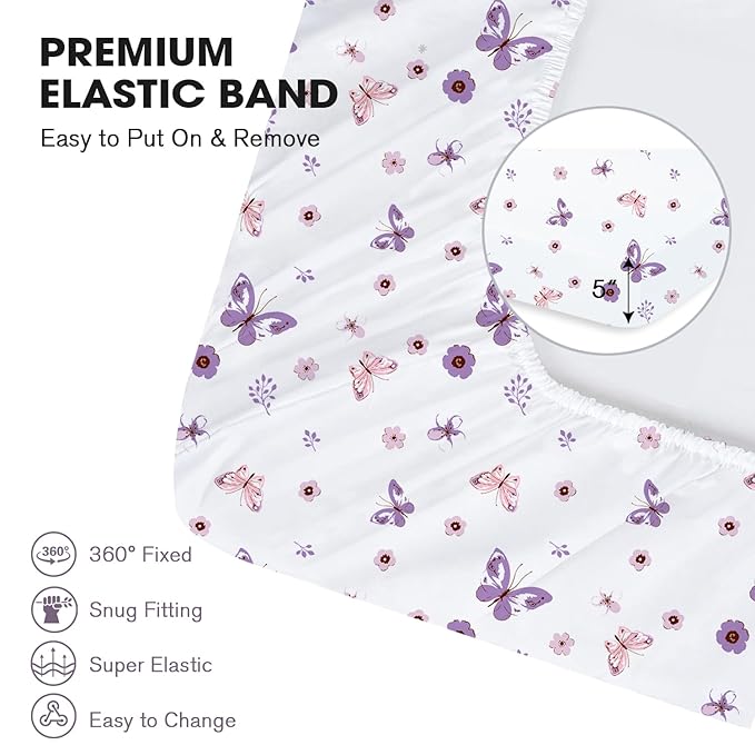 Little Grape Land Pack and Play Sheets Mini Crib Sheets Soft Breathable Pack N Play Sheets, Playard Fitted Sheet 2 Pack Stretchy Fits 38"x26" Playard Mattress, Purple Butterfly