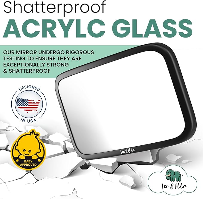 Leo&Ella Extra Large Car Mirror for Baby in Rear Facing Car Seat, Wide Crystal Clear View, 360° Adjustable Mount, Crash Tested and 100% Shatterproof, Fully Assembled