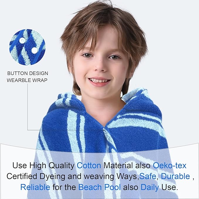 VOOVA & MOVAS Hooded Bath Towels for Kids (3-10Years,27.5"x55"),100% Cotton Absorbent Soft Towel Wrap for Toddler Boys,Perfect for Bathroom | Pool | Beach | Swimming, Jacquard Blue Stripe