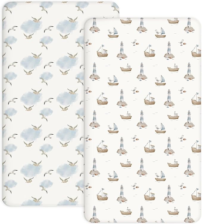 Crib Sheets for Boys and Girls, 2 Pack Fitted Baby Sheets for Standard Toddler Mattress 28" x 52", Soft Breathable Jersey Knit Baby Bedding (Sailing Waves)