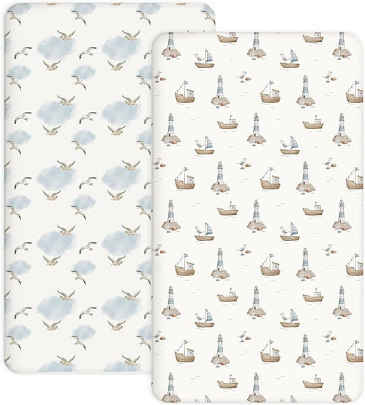 Crib Sheets for Boys and Girls, 2 Pack Fitted Baby Sheets for Standard Toddler Mattress 28" x 52", Soft Breathable Jersey Knit Baby Bedding (Sailing Waves)