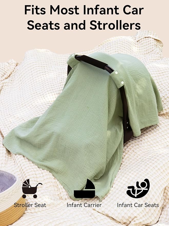 TILLYOU Baby Car Seat Cover, Breathable Muslin Cotton Infant Car Seat Cover, Lightweight Canopy with Sun and Bug Protection(Green)