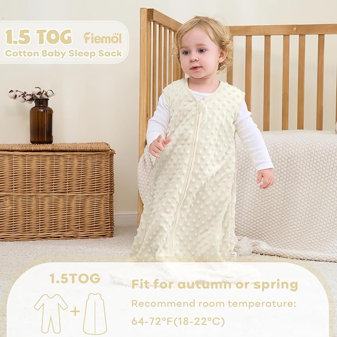 FIEMOL Fleece Baby Sleep Sack 18-24 Months, 1.5 TOG Cotton Baby Wearable Blanket With Soft Plush Dots, 2 Pack Newborn and Infant Warm Sleeping Sack with 2-Way Zipper Beige&Green