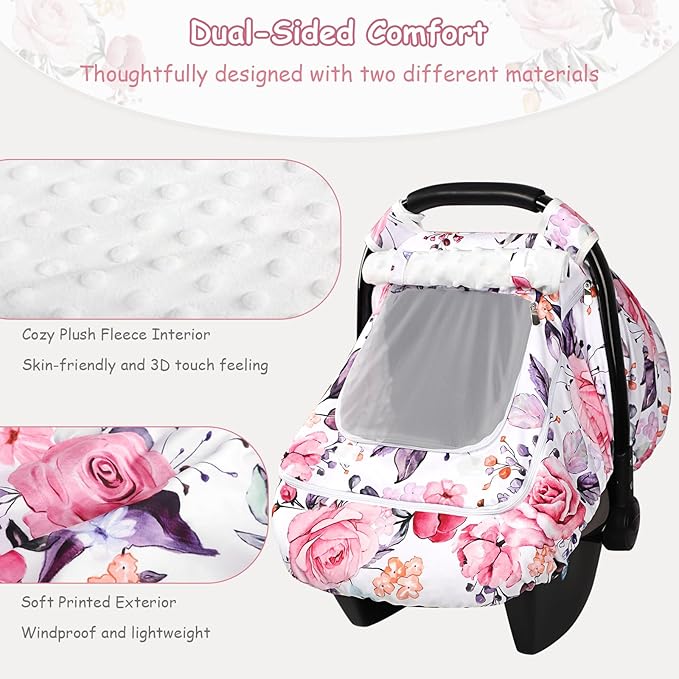 Winter Car Seat Cover Baby with Sunshade & Dual Zipper Windows - Minky Bubble Lined Windproof Soft Shell, Warm Newborn Car Seat Canopy Covers, Elastic Bottom for Stroller & Infant Car Seat, Floral