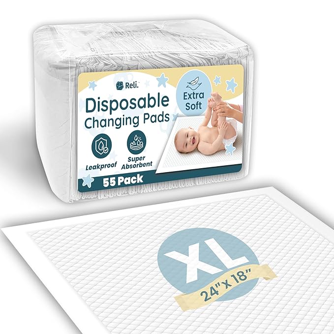 Reli. Premium XL Disposable Baby Changing Pad Liners | XL 24" x 18" | 55 Pack | Super Absorbent, Soft, Leak-Proof, Waterproof, Quick Dry | Carry On The Go for Quick Diaper Changes (White)