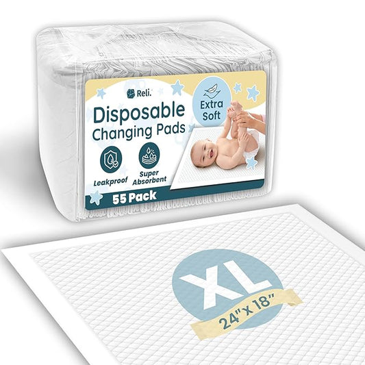 Reli. Premium XL Disposable Baby Changing Pad Liners | XL 24" x 18" | 55 Pack | Super Absorbent, Soft, Leak-Proof, Waterproof, Quick Dry | Carry On The Go for Quick Diaper Changes (White)