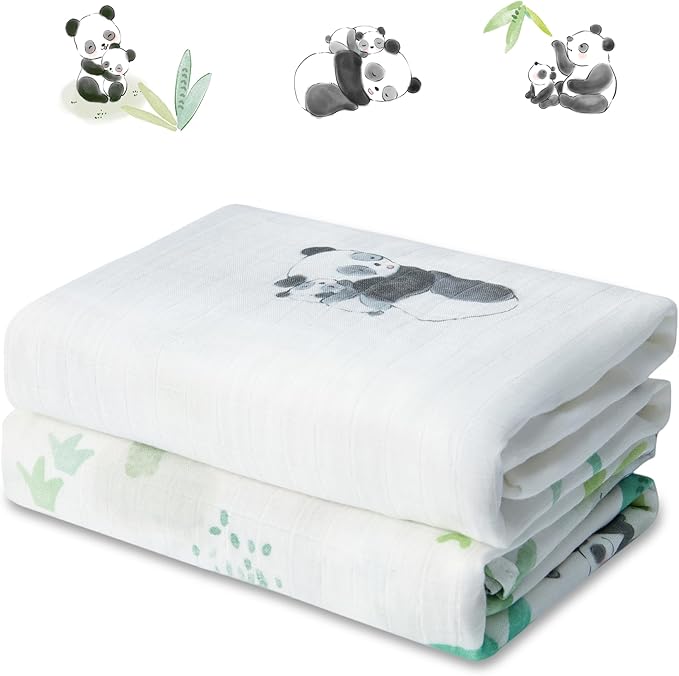 2-Pack Baby Swaddle Blankets, Soft & Breathable Muslin Swaddle for Newborns, 47 x 47 Inches, Unisex, Panda Prints