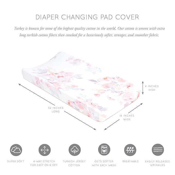 Oilo Changing Pad Cover, Breathable Turkish Cotton Fitted Jersey, 300 Thread Count, Machine Washable, Fits Standard Changing Pads (32" x 16"), Girl, Boy, & Neutral Nursery Design, Prim