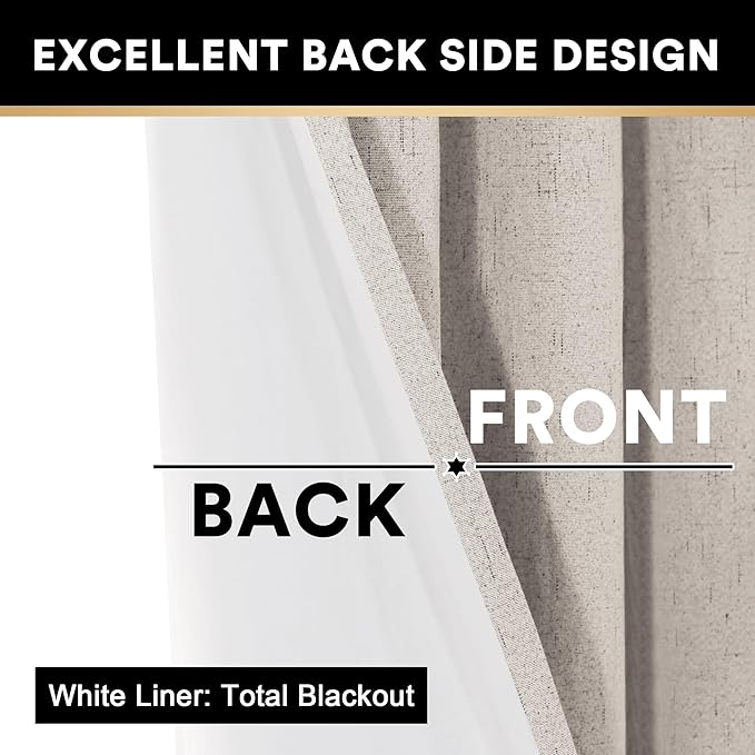 PrinceDeco 100% Blackout Curtains for Bedroom Linen Blackout Curtains 63 Inches Length Thermal Insulated Textured Drapes for Living Room 2 Panels Set,52" W x 63" L,Natural