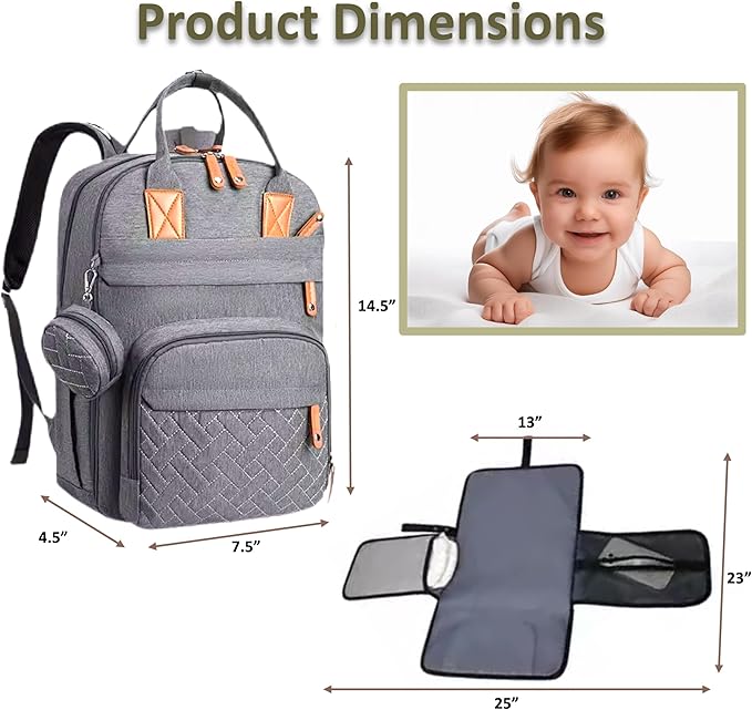 Baby Diaper Bag Backpack - Large Sturdy Bag for Boys & Girls, Changing Pad & Pacifier Case, Large Capacity, Insulated Pockets, Waterproof, Stroller Straps & Carry-on Straps, Unisex - Grey