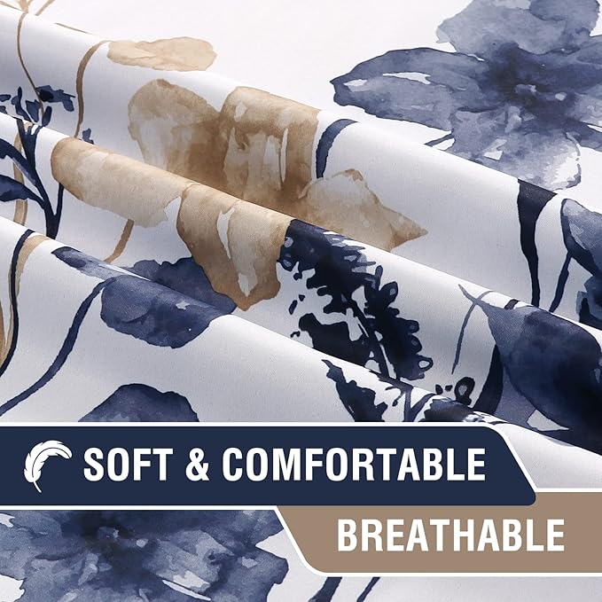 H.VERSAILTEX 100% Blackout Curtains 84 inch Length 2 Panels Set Cattleya Floral Printed Drapes Leah Floral Thermal Curtains for Bedroom with Black Liner Sound Proof Curtains, Navy and Taupe