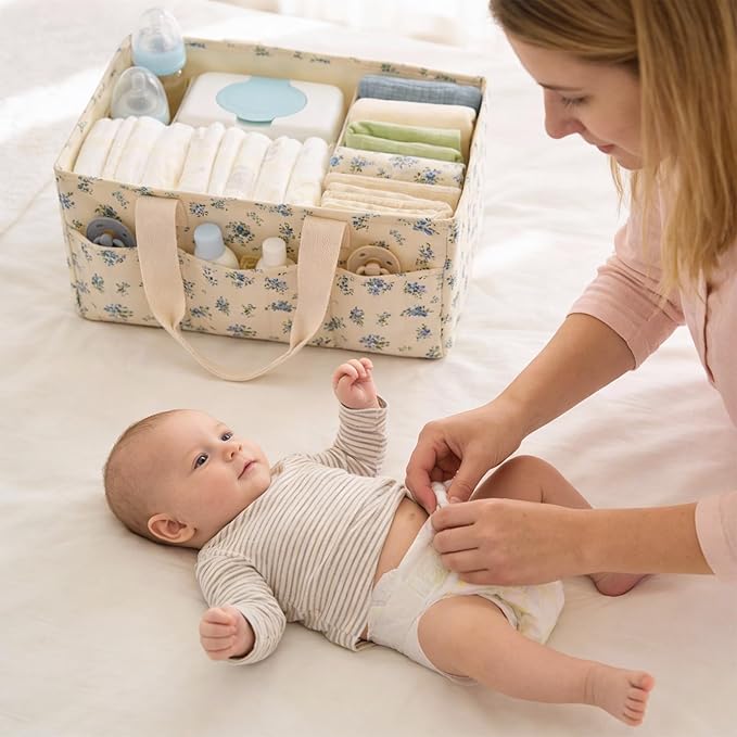 Baby Diaper Caddy Organizer with Portable Changing Mat-Portable Baby Organizers and Storage, Gift for Baby Shower, Baby Essentials Organizer with Removable Dividers (Blue Floral)