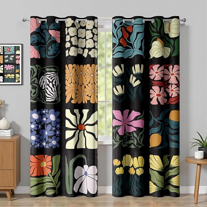 Boho Vintage Floral Blackout Curtains，Retro Colorful Lattice Flower Modern Art Aesthetic Window Drapes，Living Room Bedroom Decor 2 Panels 52x84 Inch