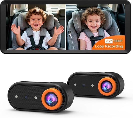 BM5 MAX 1080P HD Dual Baby Car Camera with Recording, 7.2” Split Screen Monitor for 2 Kids, Dual Car Camera Baby Monitor with Auto Night Vision, Easy Installation Carseat Camera for Baby