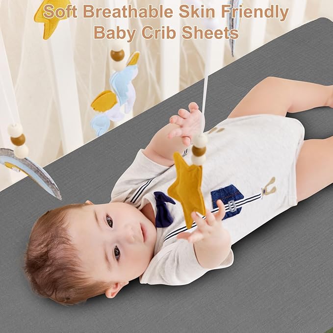 PET REJOIR 2 Pack Muslin Fitted Crib Sheets for Baby Girls & Boys-Neutral Breathable Crib Mattress Protector for Standard Crib Mattress(28"x 52")-Soft No Slip Cotton Toddler Bedding-Gray & White