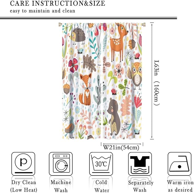 Forest Animals Kids Curtains, Watercolor Wild Rustic Bear Fox Deer Children Cartoon Window Treatments for Living Room, Watercolor Blackout Drapes 2 Panel Sets,42x63 Inch