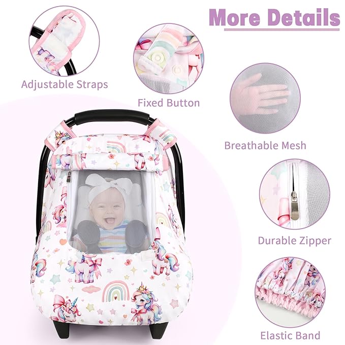 Car Seat Cover Baby, HNHUAMING Infant Car Seat Covers Canopy for Baby Girl Boy, Cozy & Windproof Unicorn Newborn Carseat Covers Minky Dot Backing Stroller Cover with Breathable Mesh Window, Rainbow
