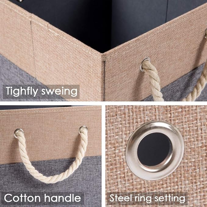 PRANDOM Large Foldable Cube Storage Bins 11x11 inch [2-Pack] Fabric Linen Storage Baskets Cubes Drawer with Cotton Handles Organizer for Shelves Nursery Closet Bedroom Khaki