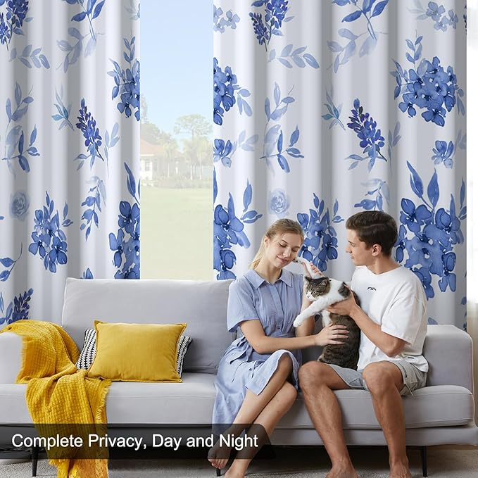 Blackout Curtains 84 inch Length 2 Panels Set, Blue Floral Print Thermal Privacy Grommet Winter Black Out Curtains for Bedroom with Black Liner, Rustic Soundproof Window Drapes for Living Room Nursery
