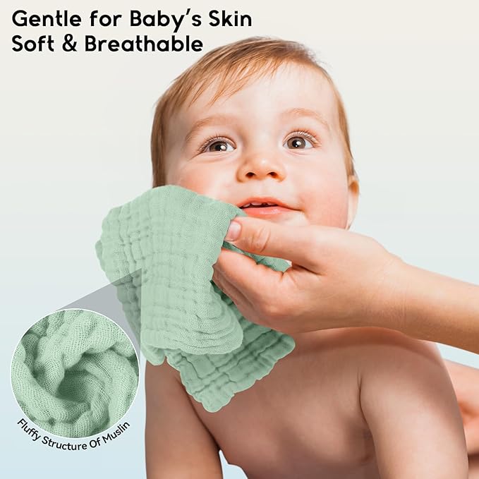 Unnivoll Muslin Baby Washcloths 6 Pack, 100% Cotton Wash Cloths for Babies, Large 12''X12'' Burp Cloths Absorbent and Soft for Newborn Infants Kids Boys Girls - Gradient Green