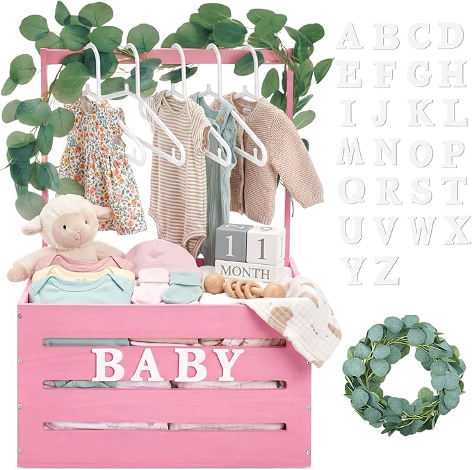 Barydat Wooden Baby Shower Crate Closet, Baby Basket with Handle, Personalized Basket Gifts, Easy Assembly Baskets for Newborn Boy Girl Welcome Gift for New Mom Parents(Pink)