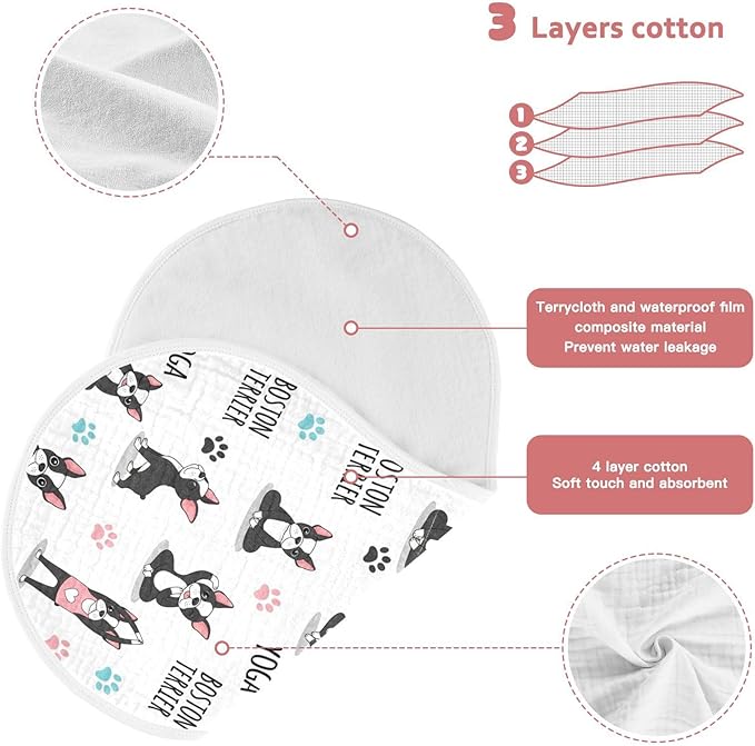 Qinllo 4 Pack Muslin Burp Cloths Dogs Yoga White Cotton Baby Burp Cloths Absorbent Soft Burping Cloth Washcloths for Newborn Baby Boys Girls 22x11 Inch