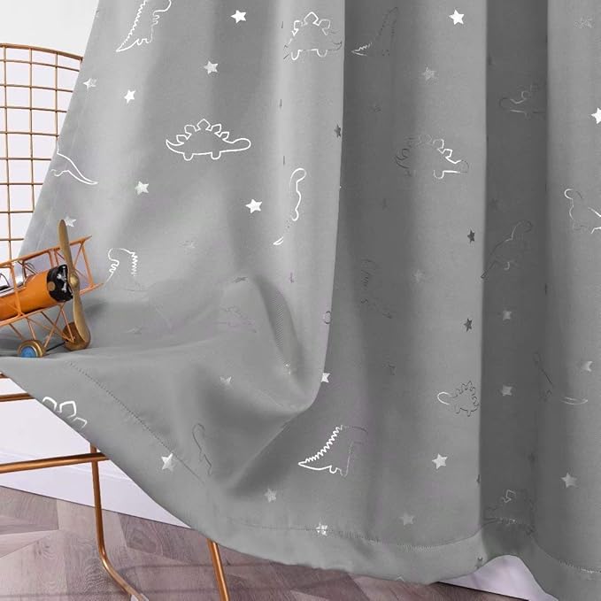 LORDTEX Dinosaur and Star Foil Print Blackout Curtains for Kids Room - Thermal Insulated Curtains Noise Reducing Window Drapes for Boys and Girls Bedroom, 52 x 63 Inch, Light Grey, Set of 2 Panels