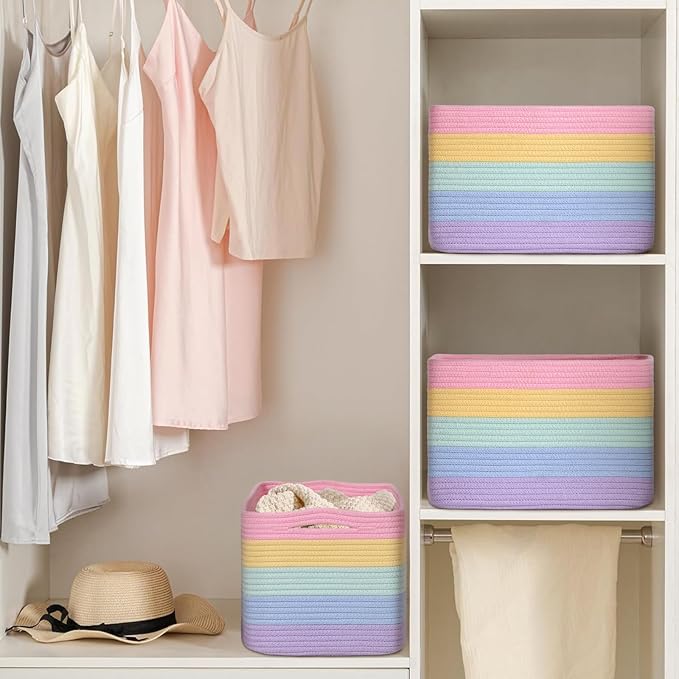 Woven Storage Baskets, Rainbow Baskets for Organizing, 3 Pack Woven Basket for Storage, Storage Baskets for Shelf, Towel, Toy, Book, Closet, Baby 15"×10"×9"
