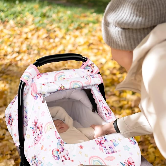 Car Seat Cover Baby, HNHUAMING Infant Car Seat Covers Canopy for Baby Girl Boy, Cozy & Windproof Unicorn Newborn Carseat Covers Minky Dot Backing Stroller Cover with Breathable Mesh Window, Rainbow