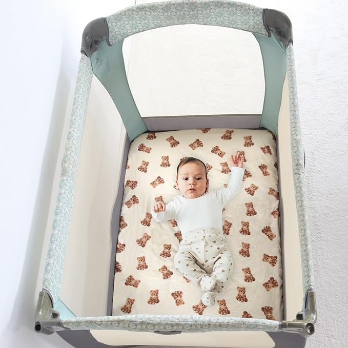 LifeTree Crib Sheets for Baby Unisex - Muslin Fitted Crib Sheets Toddler Bed Sheet, 70% Viscose from Bamboo and 30% Cotton, Fits Mini Crib & Pack and Play Playard, Bear, 26in x 38in