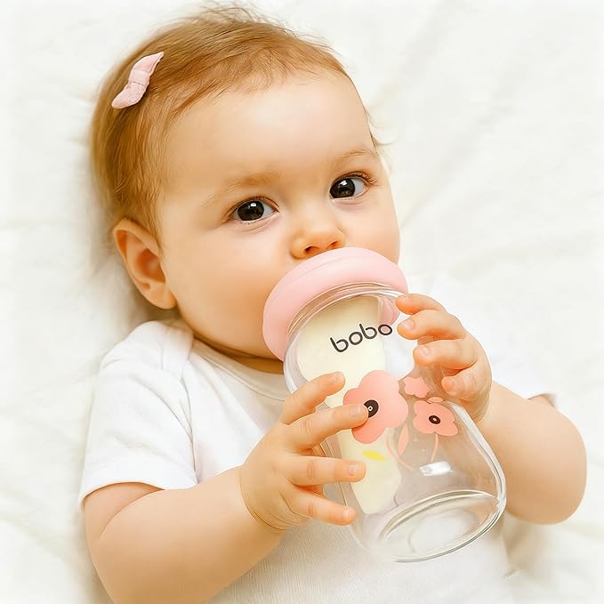 YOHKOH Natural Glass Baby Bottle with Level 1 Slow Flow Nipple, Newborn Anti-Colic Baby Bottles, Wide Neck Mushroom Baby Glass Bottle ((5.4oz (Pack of 2), Red-1)