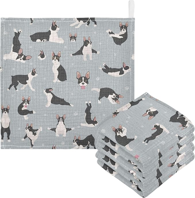vvfelixl Boston Terrier Baby Burp Cloths Baby Muslin Washcloths for Boys Girls Cotton Baby Face Towel for Newborn Infants Soft and Absorbent 11.8 X 11.8 in, 5 Pack