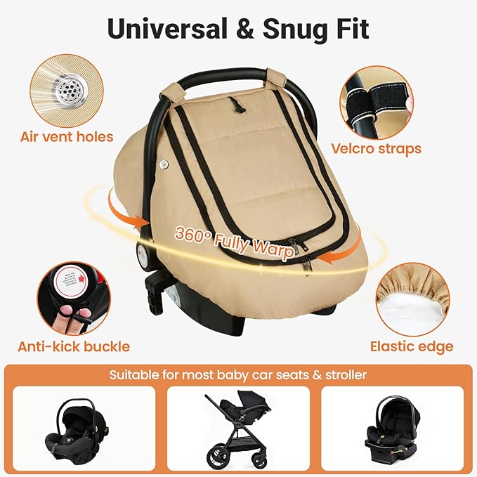 Rquite Car Seat Cover Baby, Winter Carseat Covers Boy Girl, Waterproof Infant Car Seat Cover Warm Car Seat Canopy for Cold Weather, Windproof Baby Carrier/Stroller Cover with 2 Layers Windows, Khak