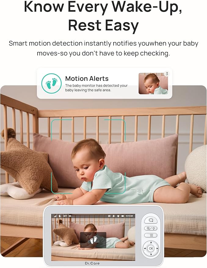 Dr.Care 5" Smart WiFi Baby Monitor - 1080P Split Screen & 2K Camera，Privacy Mode, Multi-User, 5000mAh Removable Battery, RGB Night Light, Cry & Motion Alerts, App Control, HD Night Vision