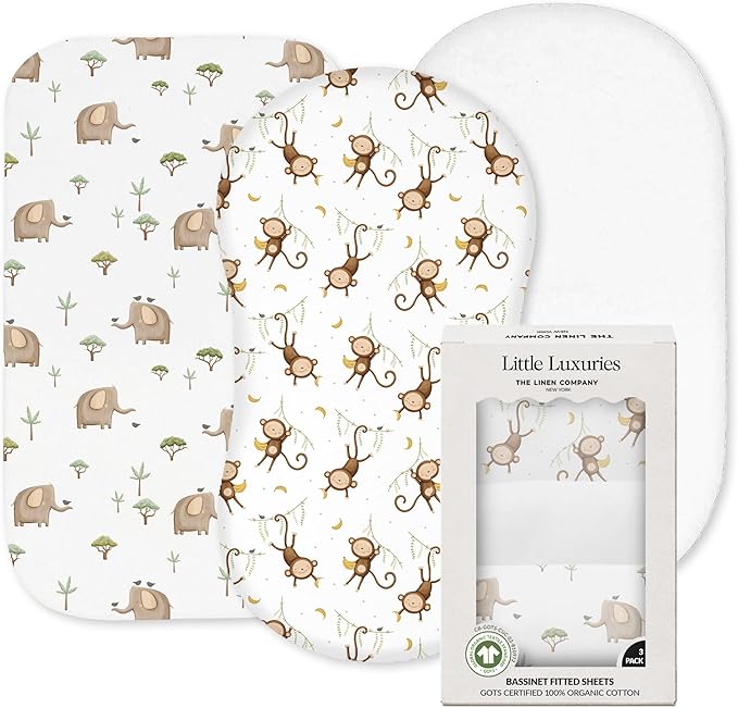 100% Organic Cotton Bassinet Sheets 3-Pack - Fits Baby Delight, Halo Bassinest Swivel Sleeper, Graco & Chicco Bassinet Mattress - Breathable Fitted Bedside Sleeper Sheets for Girls & Boys (33"x17")