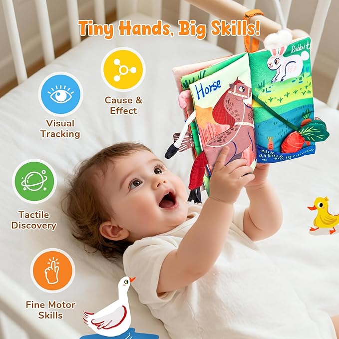 JoyCat Baby Books 0-6-12 Months - Farm Tail Tummy Time Toys - Sensory Touch & Feel Crinkle Cloth Book with Detachable Duck - Newborn Valentine Easter Basket Stuffers
