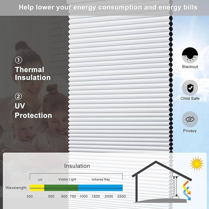 Changshade Cellular Shades Cordless Blinds Blackout for Indoor Windows, Honeycomb Blind Room Darkening Shade 1.5'' Single Cell Pleated, Easy to Install Shade Size 47" Width x 72" Height, White