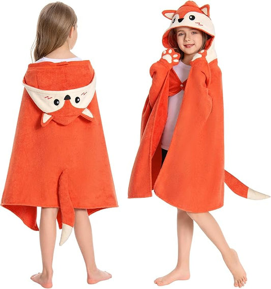 OLAOLA Fox Hooded Towel for Kids 3-12 Years, 28" x 53" Soft Thick Absorbent Beach Towels, Toddler Bath Towel Wrap Swim Pool Towels Poncho for Boys Girls